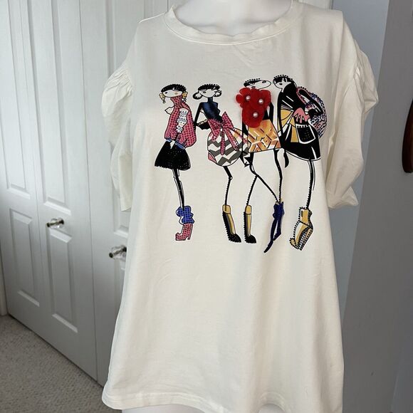 Everlynn Apparel  Puffed Sleeve  Size Large NWT Off White Embellished Round Neck - Picture 5 of 7